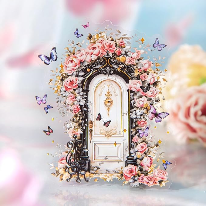 60 PCS Vintage Floral Butterfly Window and Door Scrapbook Stickers with Gold Holographic Outlines, Glitter Shiny Decorative PET Stickers for Scrapbooking, Planner, Journaling Supplies, Crafting