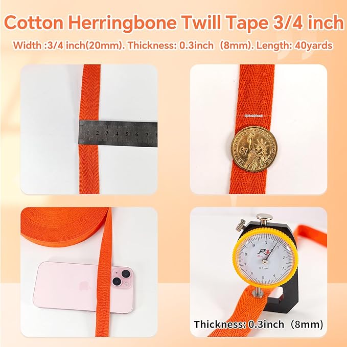 40 Yards Herringbone Twill Tape for Sewing,Pet Collar,Gift Wrapping Home Deco -3/4 inch Cotton Webbing Straps-Natural Bias Binding Tape for Handles, Crafting & DIY Projects (Orange)
