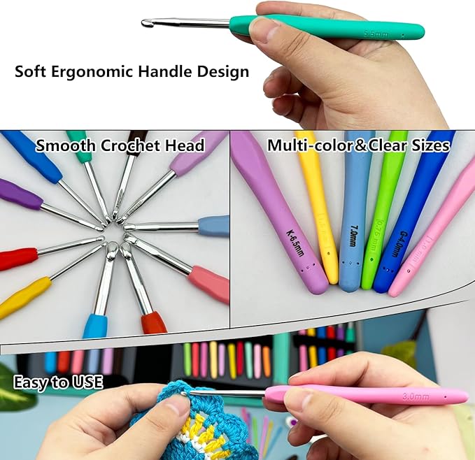 Hobekoee 22 Sizes Crochet Hooks Set with Grey Case,0.5mm-10mm Ergonomic Soft Handle Crochet Hook Needles Set for Arthritic Hands,Complete Crochet Set