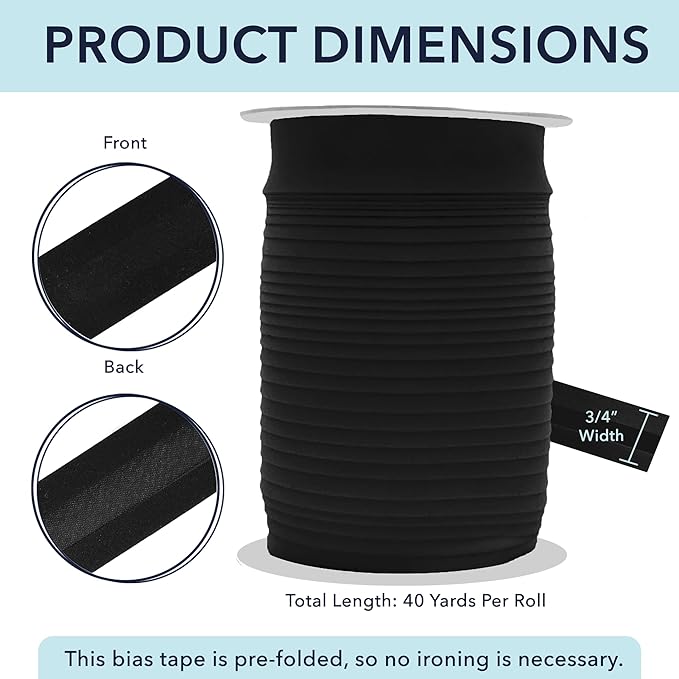 Mandala Crafts 3/4 Inch Single Fold Bias Tape for Sewing, Quilting, Piping, Hemming, Blanket & Quilt Binding – 80 Yards Black and White Fabric Seam Binding Tape