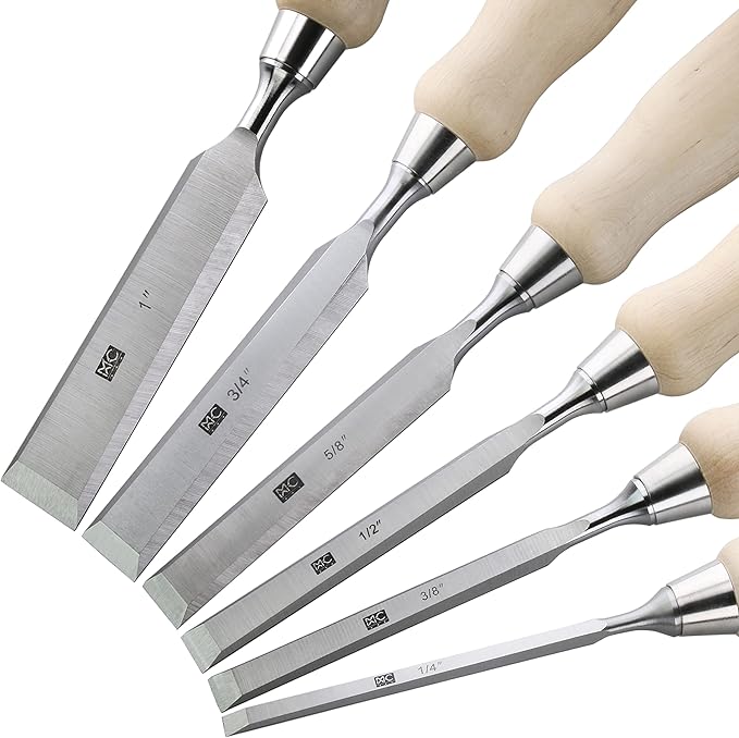 6 Piece Bevel Edge Wood Chisel Set 1/4 inch(6mm), 3/8 inch(10mm), 1/2 inch(12mm), 5/8 inch(16mm), 3/4 inch(20mm), 1 Inch(26mm) with Hornbeam Handles and Stainless Steel Ferrules