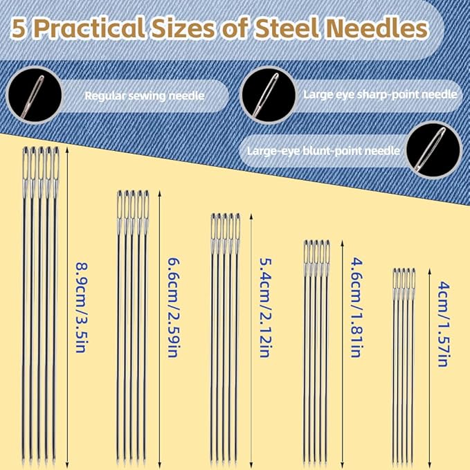 34PCS Big Eye Steel Sewing Needles Kit, 5 Size Stainless Steel Needle Sewing Set with Threader, Thimble, Case for Crafts, Repair, Quilting, Suitable for DIY Craft Enthusiasts, Beginner-Friendly