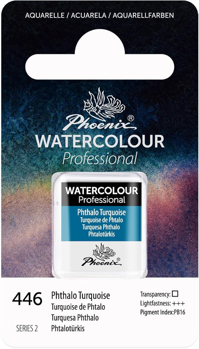 PHOENIX Professional Watercolor Paint - Single Watercolor Half Pan - Phthalo Turquoise 446