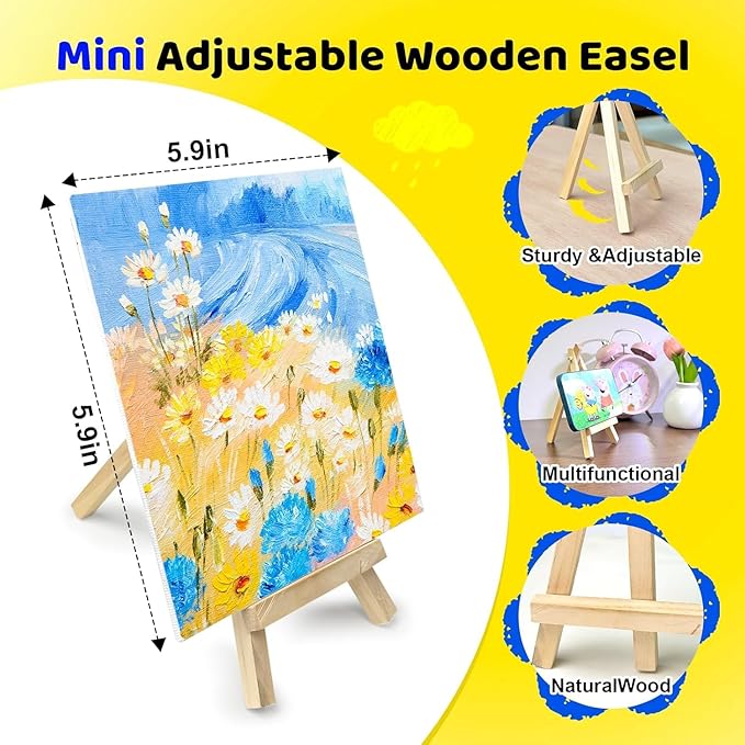 10 Set Mini Acrylic Paint Set, Mini Canvas Painting Kit, Small Canvas with Easel, Acrylic Paints,Brush, Minis Easel with Canvases for Kids Adults Classroom Birthday Painting Party (5.9 x 5.9Inch)