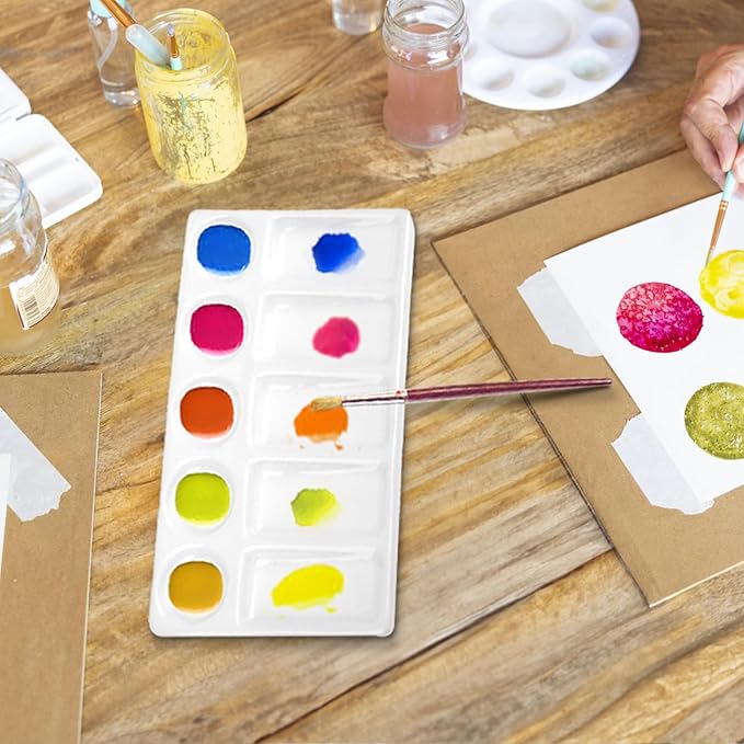Jucoan 2 Pack 10-Well Ceramic Watercolor Painting Palette, 7-1/2 x 4-1/4 Inch Rectangle Porcelain Artist Paint Palette Mixing Tray for Watercolor, Gouache, Acrylic
