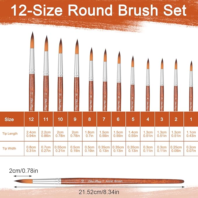 Watercolor Brushes, Round Pointed Tip Paint Brushes Set, 12 Pcs Different Sizes Paint Brushes for Watercolor Acrylics Ink Gouache Oil Tempera