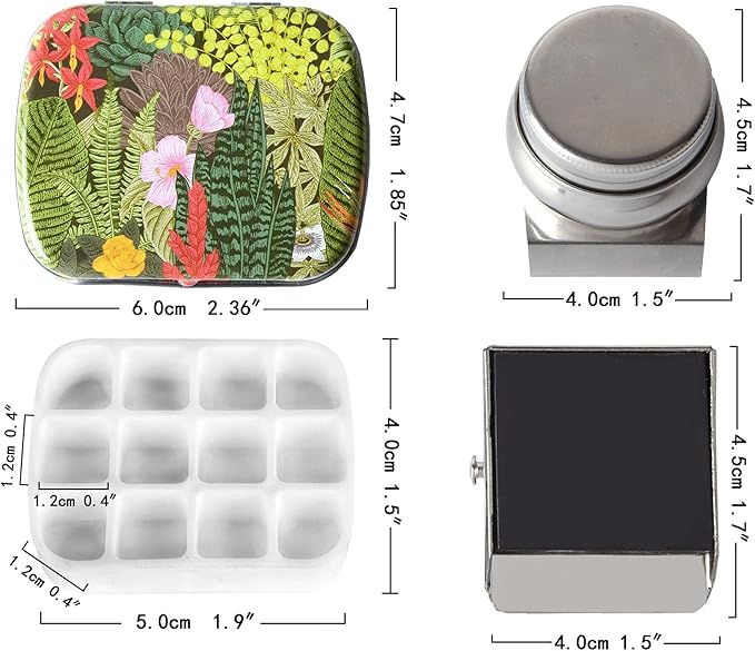 Portable Mini Tin Box,12-Well Empty Watercolor Palette,Small Paint Storage Travel Artist Outdoor Sketch Watercolor Kits with Magnetic Clip and Oil Pot .Selva