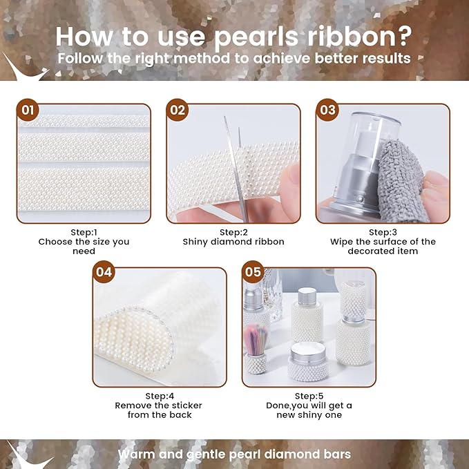 Novani Self Adhesive Pears Ribbon 1 Roll - 3 Yards Beige Pearls Crystal Diamond Bling Strips Glitter Resin Ribbon for Crafting Home DIY Decoration（Beige Pearls,1.14 Inch,3Y）