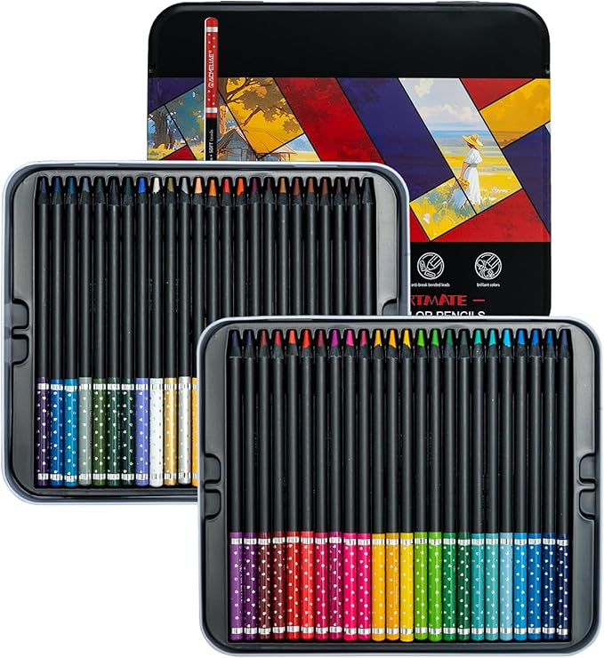 Black Wood Professional Colored Pencils Set, Oil-Based, 4mm Soft Core for Artists, Drawing, Sketching, Shading, Blending, Layering, Adult Coloring Books, Pre-Sharpened in Metal Tin Box (48 Colors)
