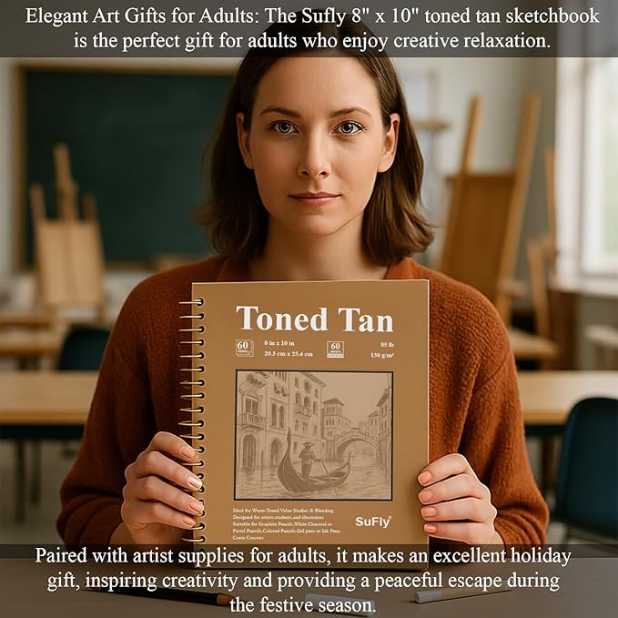 SuFly Toned Tan Sketchbook, 8x10 Inches, 60 Sheets - 90lb/150gsm Tan Paper for Mixed Media, Charcoal, Graphite, Colored Pencils & White Gel Pens, 100% Recycled, Wire-O Bound.