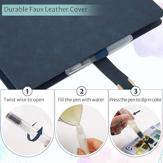 Vienrose 9" x 7" 3 Ring Watercolor Sketchbook, Faux Leather Cover Professional Art Journal with Detachable 24 Sheets 48 Pages, Ideal for Water Coloring, Sketching, Painting, Navy
