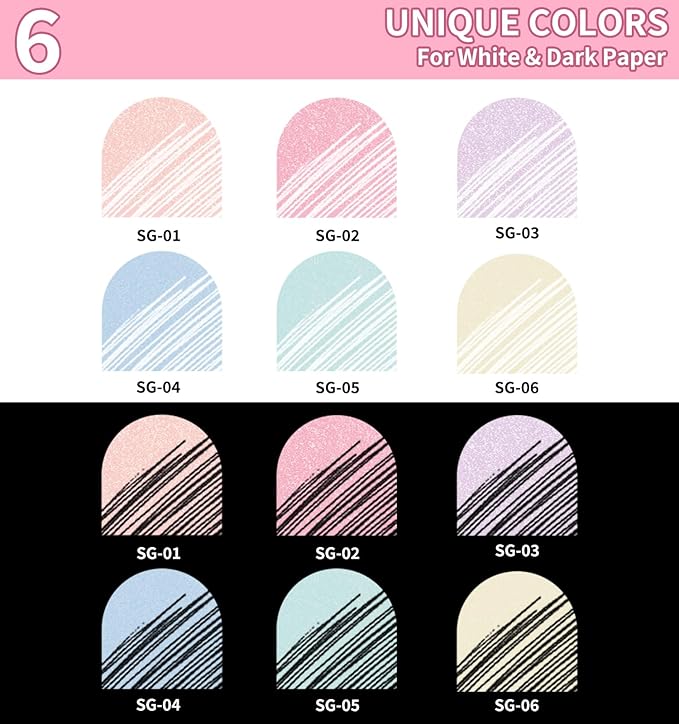 Glitter Gel Pens, 6 Pack Colored Pens for Black Paper & White Paper, 1.0mm Point Pens, Large Capacity Ink Pens for Coloring, Writing, Drawing, Journaling, Note Taking, Office, Home