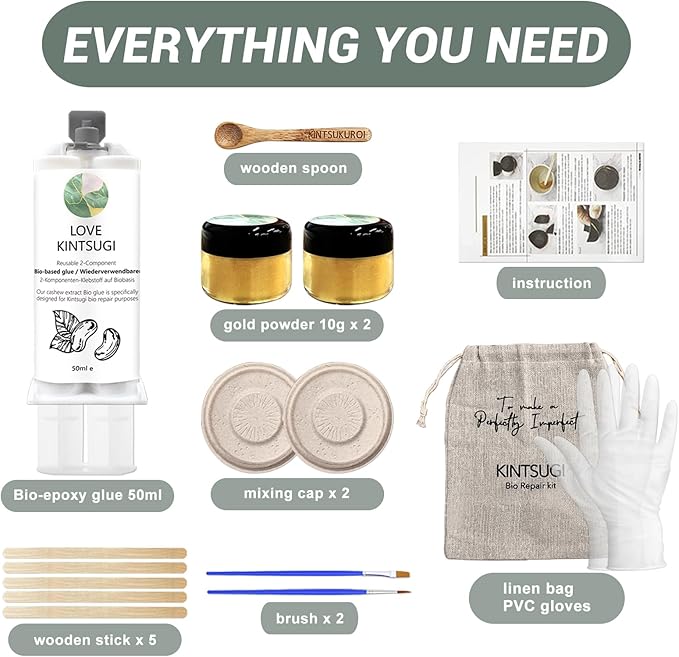 1DFAUL Bio Kintsugi Repair Kit Gold Food Safety Repair Your Meaningful Pottery, Dishwasher Safety, Perfect for Beginners, Bring Japanese Art to Your Home