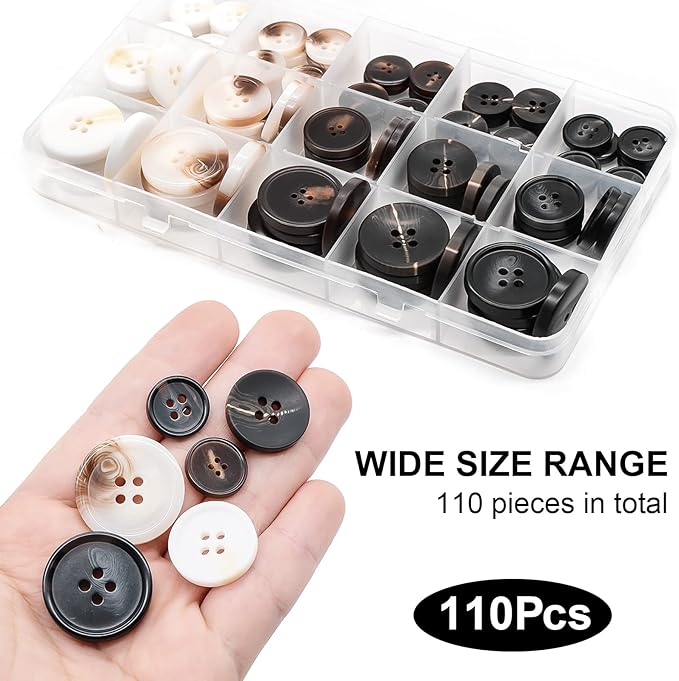 110Pcs Mixed Sewing Buttons, 4-Hole Craft Round Blazer Buttons, 5 Color 3 Size(15mm,20mm,25mm) Suit Coats Resin Button, Suitable for Variety Clothing Sewing, DIY Craft(White)