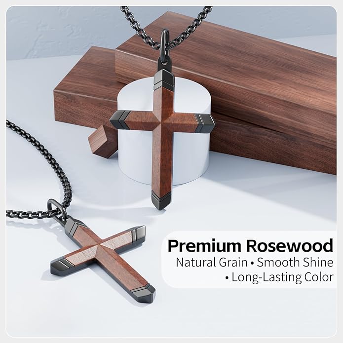 Wooden Cross Necklace for Men and Women 304L Stainless Steel Durable Snag-Free Box Chain with Reinforced Clasp Christian Jewelry Gift for Dad/Son/Husband/Loves/Friends