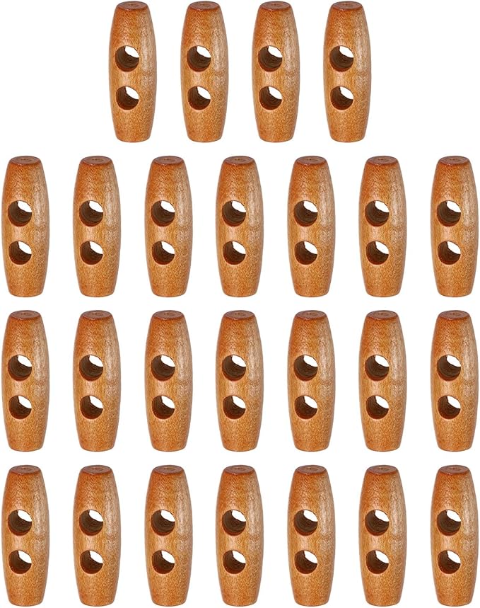 HARFINGTON 25pcs Wooden Toggle Buttons 30mm / 1.2" Double Hole Wood Olive Horn Sewing Buttons for Coat Sweaters Clothing DIY Craft, Medium Brown