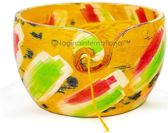Nagina International Exquisite Premium Yarn Ball Storage Bowls | Hand Painted Lovely Decor Yet Functional Yarn Dispenser (Small ( 6 x 3 x 6 Inches), Tri-Yellow)