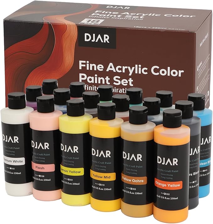 DJAR Acrylic Paint Set, 18 Colors 2 fl oz/250ml Bottles, Art Supplies for Painting Canvas, Glass, Egg, Wood
