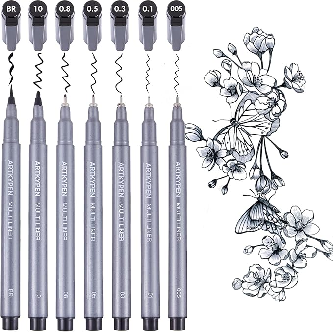 Micro Fineliner Drawing Art Pens: 7 Sizes Black Fine Line Waterproof Ink pen set, Artist Supplies for Adults Sketching Anime Manga Watercolor Calligraphy Technical Illustrators