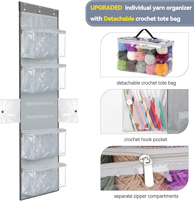 Katech Hanging Yarn Storage Organizer, Over The Door Storage w/Large Capacity Knitting Bag, Yarn Organizers with 6 Zipper Closure Compartments & Detachable Crochet Bag for Yarns Enthusiasts