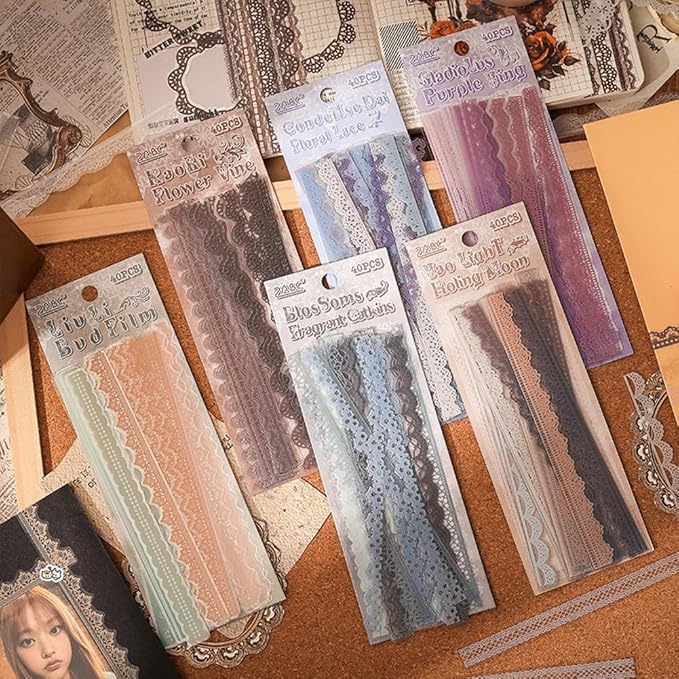 240 Pcs Transparent Lace Stickers for Scrapbooking Junk Journal Card Making Collage Diary Planner Notebook Letter Photo Album Craft Project Decoration, 30 Patterns