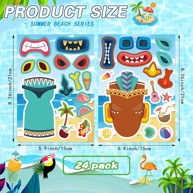 24 Sheets Tiki Make a Face Stickers, Tropical Hawaiian Stickers for Kids Summer Luau Party Favors Decoration