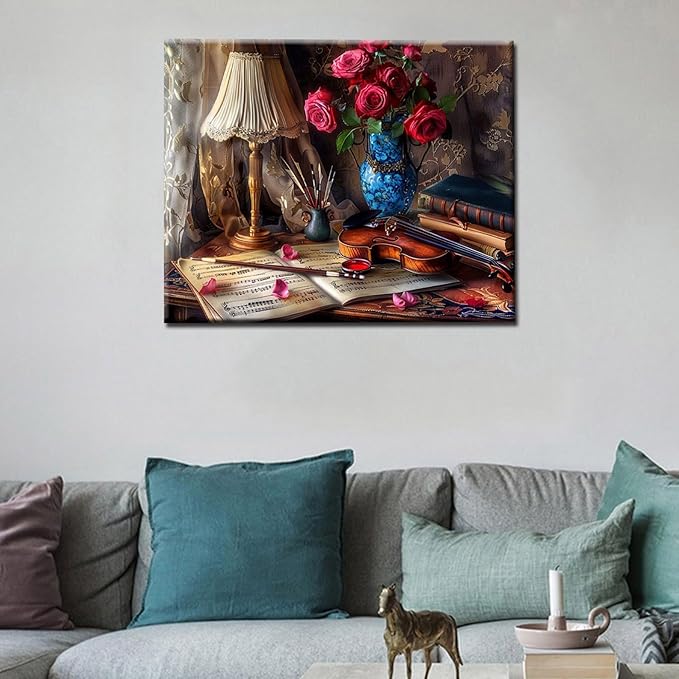 Paint by Numbers Kits Retro European Style DIY Oil Painting Kits on Canvas with Paint Brushes and Acrylic Pigment Flower Violin Book 16x20 Inch Paint by Number for Adults Home Wall Decor(Manual Frame)