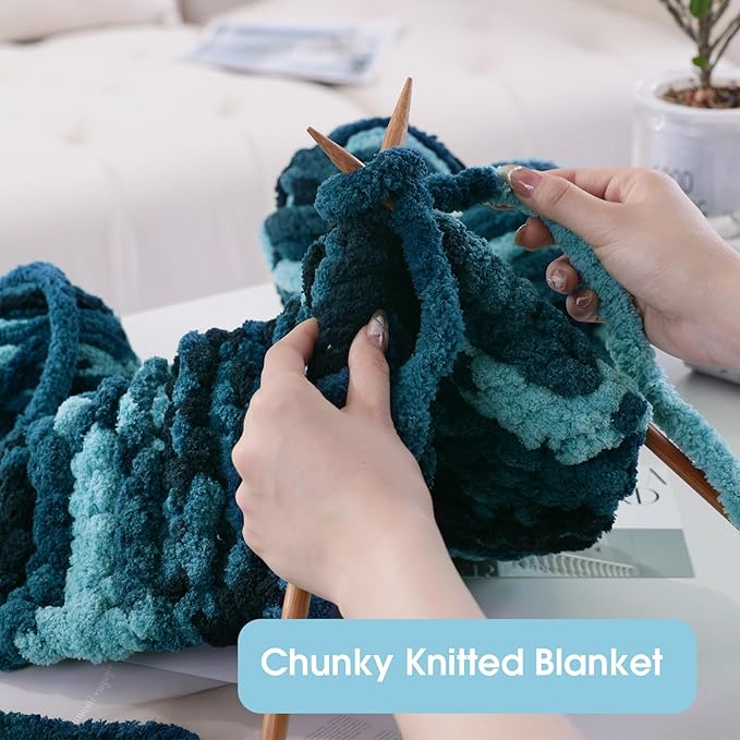 HOMBYS Blue Multi Chunky Chenille Yarn for Hand Knitting,Fluffy Soft Jumbo Yarn Crocheting,Super Bulky Big Yarn for Chunky Blanket,Large Thick Arm Knitting Yarn,8 Pack Plush Yarn