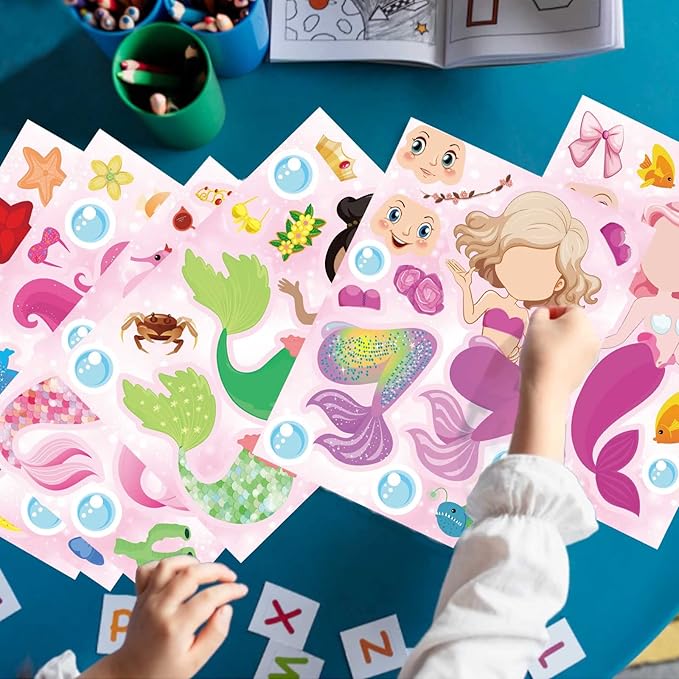 24 Sheets Mermaid Stickers Make Your Own Stickers Party Favors Mermaid Make A Face Sticker for Kids Party Favors,Classroom Teacher Rewards, Art Craft Supplies