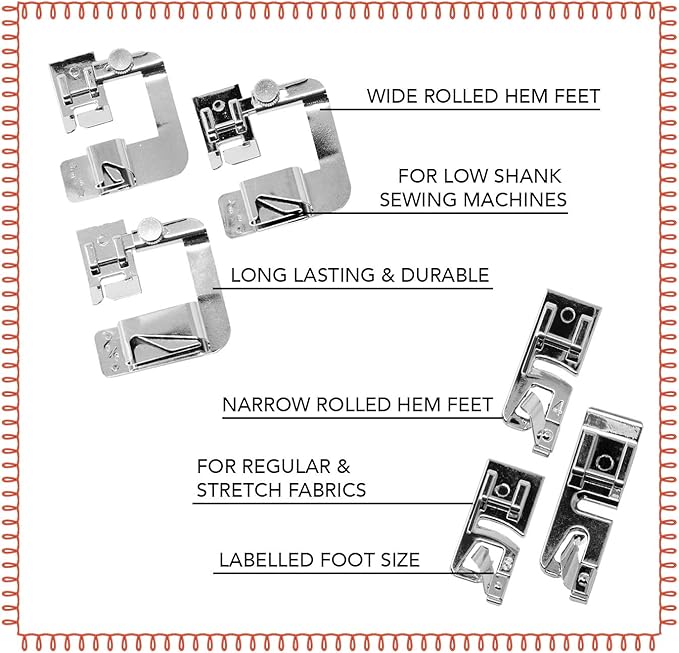 Rolled Hem Presser Foot [6 Sizes] Wide Rolled Hem Foot Set & Narrow Foot Hemmer Set For Brother, Singer & Janome Low Shank Sewing Machines. Hemming Pressure Feet With Distinctive Wide and Narrow Sizes