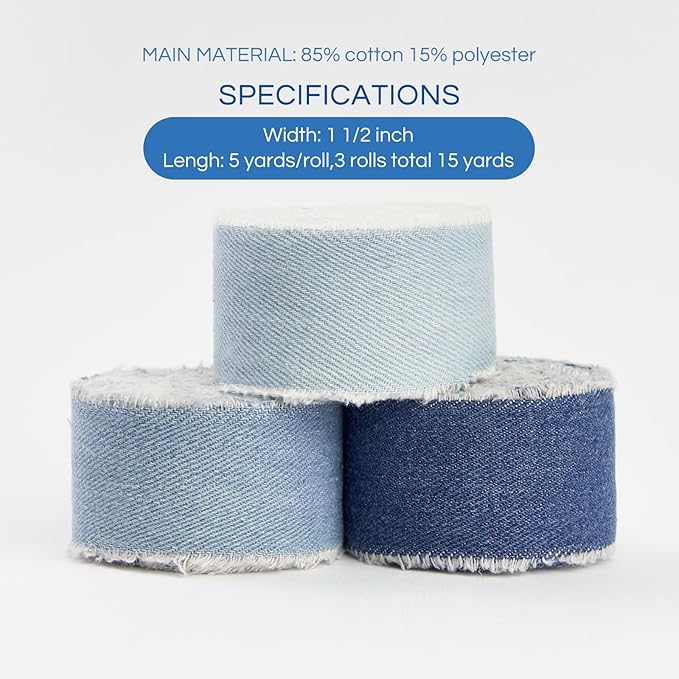Pretty Jolly Blue Denim Ribbon for Crafts Handmade Rustic Frayed Cotton Jean Fabric Ribbon for Flower Bouquet 15 Yards 1 1/2 Inch Cloth Ribbons for Gift Wrapping Hair Sewing Accessories Holiday Decor