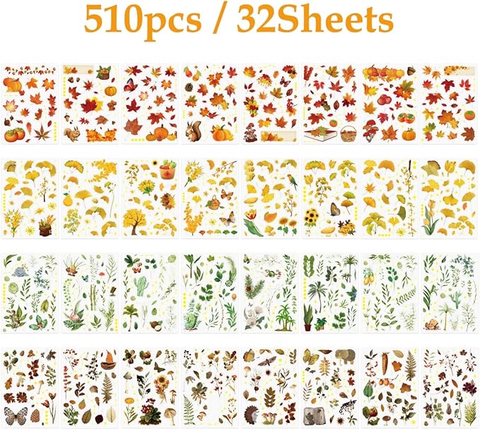 510 Pcs Natural Flower Stickers, 32 Sheets Vintage Leaf, Transparent Waterproof Fall Stickers for DIY Craft, Scrapbook,Card Making,Journal,Planner,Notebook