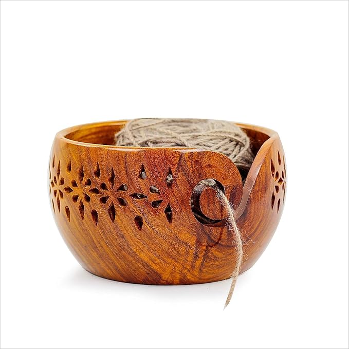 Nagina International Rosewood Crafted Wooden Yarn Storage Bowl With Carved Holes & Drills | Knitting Crochet Accessories (XL)