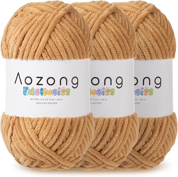 Super Soft and No Shedding Chunky Chenille Yarn for Crocheting and Knitting -Easy to Crochet with-Super Bulky #6, 3Pack of 3.5oz/82yds -Chunky Plush Yarn for Hand Craft Blanket Amigurumi Borwn Color