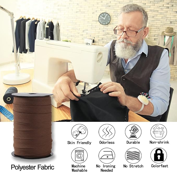 Bias Tape Double Fold 1 inch, Double Fold Bias Binding Tape 55 Yards (Brown) and 4 Pieces Sewing Fabric Chalks for Crafts, Sewing, Seaming, Hemming, Piping, Quilting.