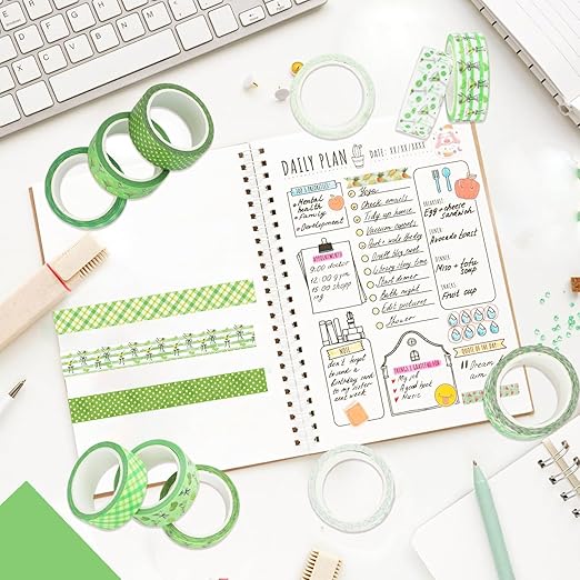 12 Rolls Greenery Washi Tape, Martini Bow Lemon Masking Tape, Checkered Martini Glass Decorative Sticker for Christmas Party Afternoon Tea Scrapbook Journal DIY Craft Gift Wraps 16.4FT