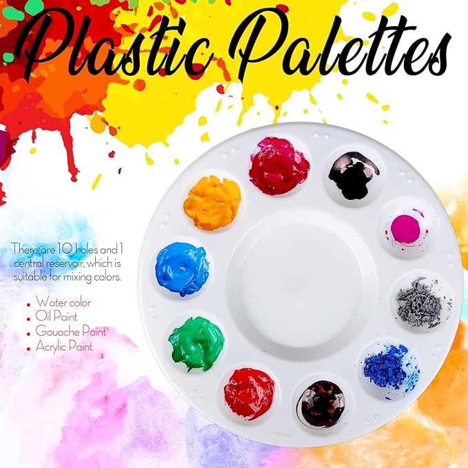 FANDAMEI 20 PCS Round Plastic Paint Tray Palettes, Paint Palette Tray, Painting Supplies for Kids & Adults, Paint Pallets, Painting Palette with 10 Wells, for Art Painting or DIY