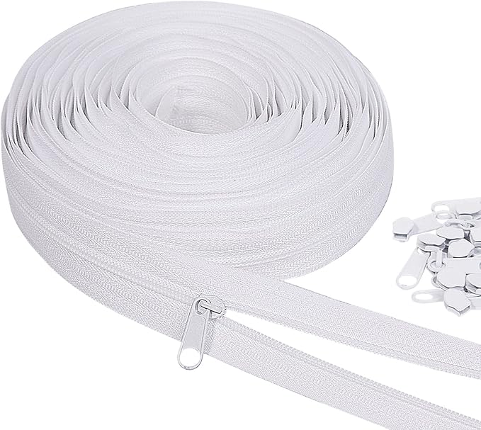 MiniRed 10Yards White Nylon Coil Zipper by The Yards, #3 Bulk Zippers for DIY Sewing Craft Bags with Replacement 20PCS Sliders (#3 White)