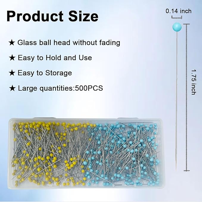 500 PCS Straight Pins, 1.75IN Sewing Pins Long Glass Ball Head Quilting Pins for Fabric, Stainless Steel Dressmaker for Sewing, Crafts, Jewelry Making, DIY(Yellow and Blue)