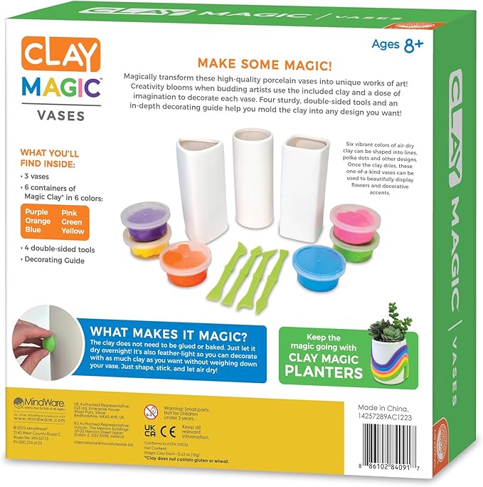 MindWare Clay Magic Vases Kids Crafts - Air-Dry Clay for Kids Ages 8 and Up – Shape and Press 6 Vibrant Colors of Magic Clay to Decorate Sturdy Porcelain Vases - No Glue or Baking Required
