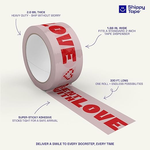 Sent with Love - Cool Decorative Packing Tape for Small Business - Cool Cute Designer Printed Packaging and Shipping Tape - Pink Red, Heart, 1.88" x 110 Yards (330 feet)