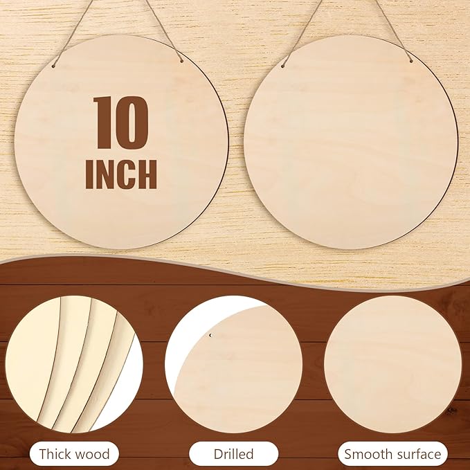 Suzile 20 Pcs Blank Wood Rounds Unfinished Wooden Crafts Signs Circles Discs for DIY Christmas Home Decor Painting Door Hanger Design(10 Inch)