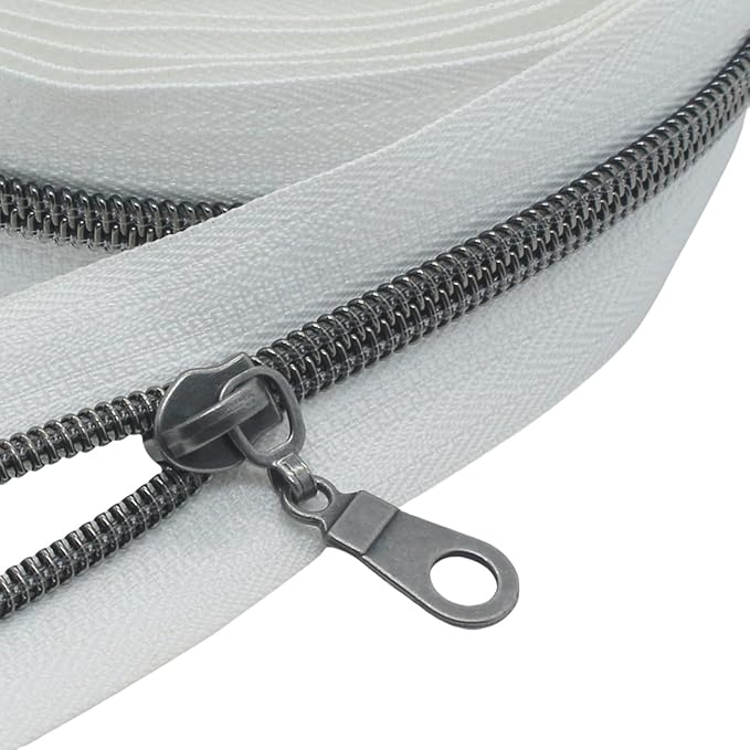 MebuZip #5 Gunmetal Metallic Nylon Coil Zippers by The Yard Bulk Coil Zipper Roll 10 Yards with 25pcs Pulls for DIY Sewing Craft Bags (White)