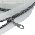 MebuZip #5 Gunmetal Metallic Nylon Coil Zippers by The Yard Bulk Coil Zipper Roll 10 Yards with 25pcs Pulls for DIY Sewing Craft Bags (White)