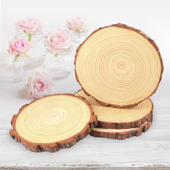 4 PCS 10-12 Inch Natural Wood Slices, Unfinished Pine Wood Circles with Barks for Coasters, DIY Crafts, Christmas Rustic Wedding Ornaments and Centerpieces,by GNIEMCKIN