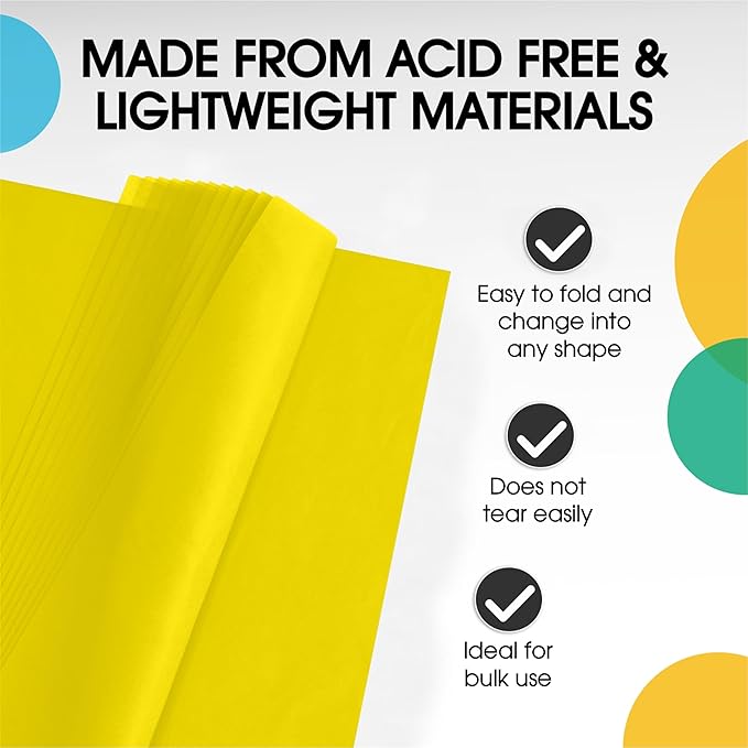 Party Solids Yellow Tissue Paper for Gift Bags - 20" X 30" Bulk Tissue Paper Yellow 480 Sheets - 10lb Newsprint for Packing, Birthday Gift Box Filler, Packing Supplies for Moving Supplies