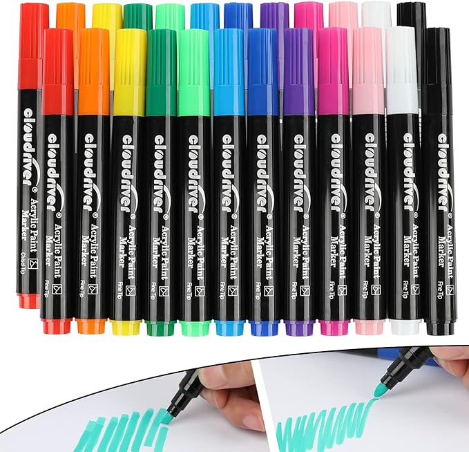 cloudriver Acrylic Paint Pens, 12 Colors Water-based Ink Markers, 24 Pack, Double Pack Of Fine and Chisel Tip Acrylic Paint Pens For Canvas, Rock Painting, Wood, Glass, Metal, Ceramic, stone