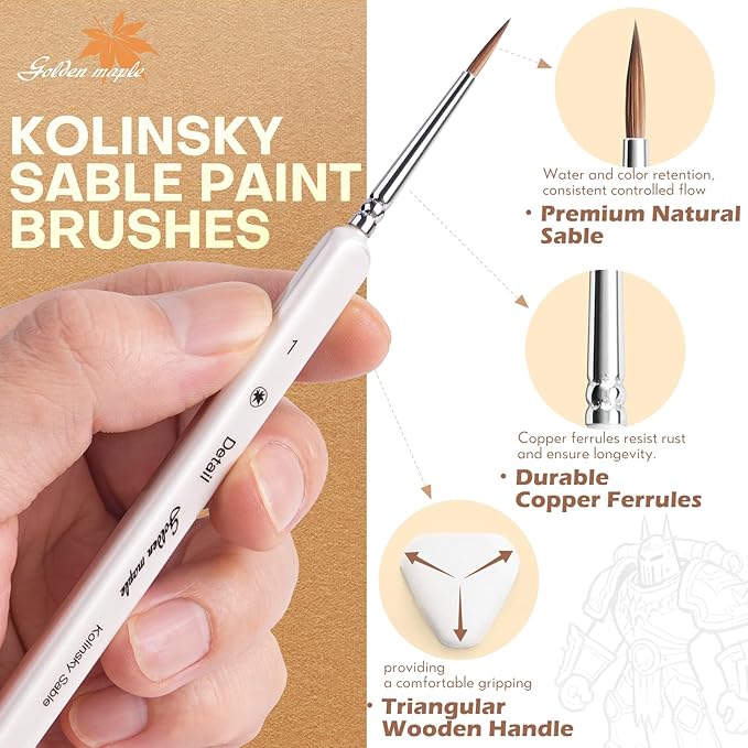 Golden Maple Model Brush Set, 4 Large Dry Brushes 6 Masterclass Kolinsky Sable Miniature Paint Brushes, Fine Detail Paint Brush Set - for Miniature Painting, Drybrushing, Layering & Insane Detail