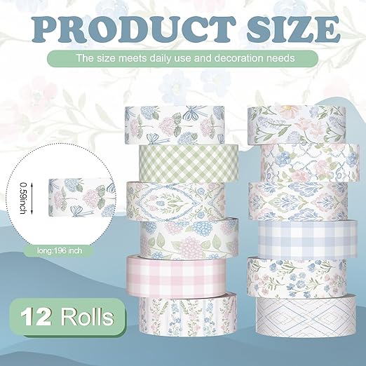 12 Rolls Watercolor Floral Washi Tape Set 15 mm Vintage Flower Decorative Masking Tape for Arts DIY Craft Scrapbook Envelope Party Supplies Gift Wrapping(Pink and Blue,Flowers)