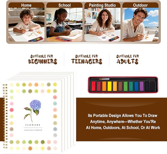 Kivzex Watercolor Workbook for Adults, Beginner Friendly Watercolor Painting Kit Flowers Water Coloring Book, Nature-Themed Practice Art Gift Water Color Paint Book with Palette and Brush
